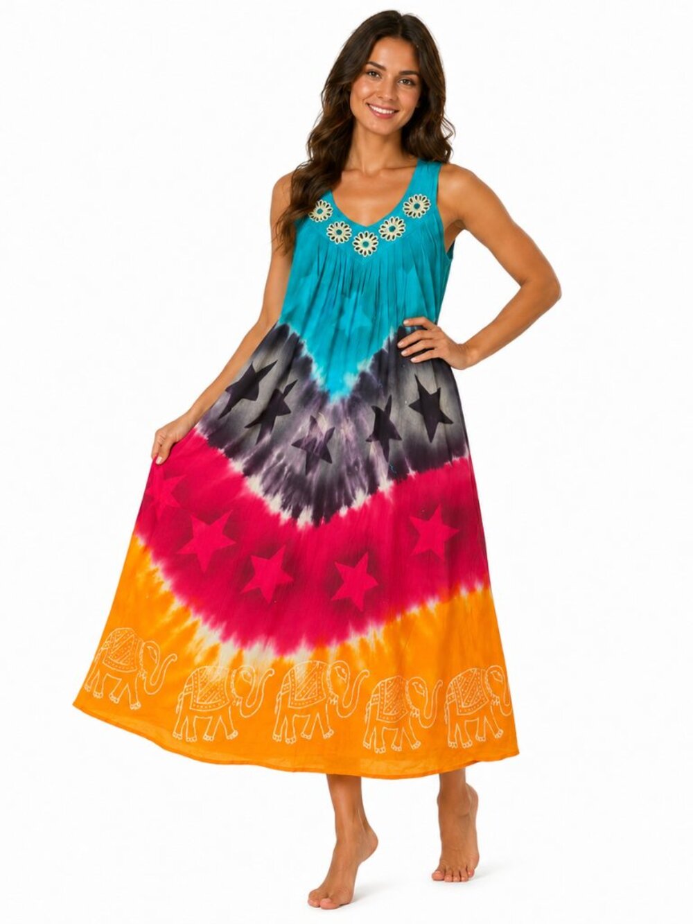 Women's Boho Tie Dye Dress One Size Fit All Colorful Beach Maxi Summer Sundress